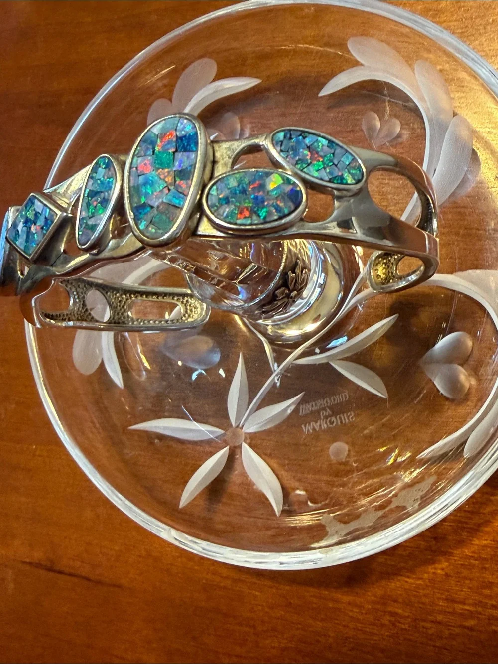 Vintage Whitney Kelley Inlay Blue Fire Opal Mosaic Sterling Silver Cuff Bracelet